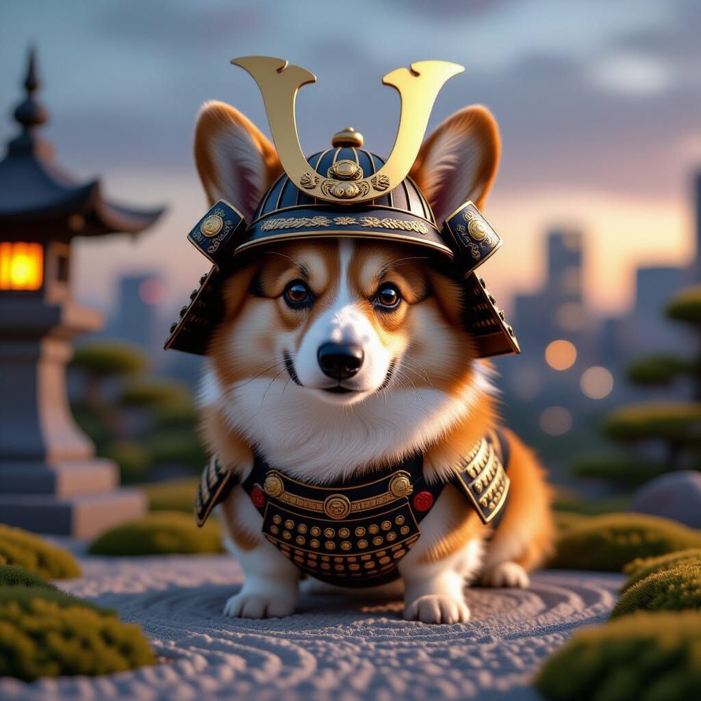 Corgi Samurai Guards Zen Garden in Futuristic City