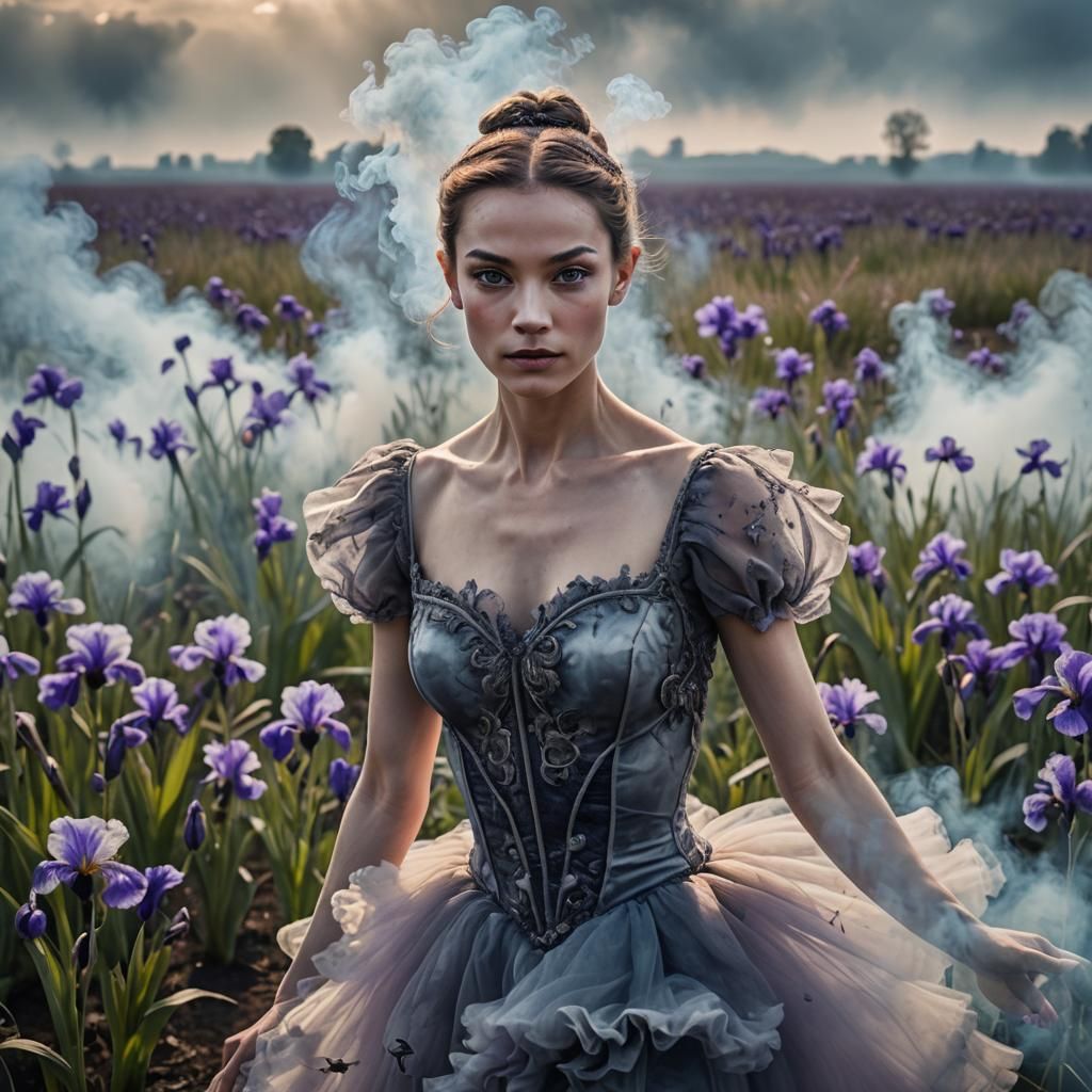 Smoky Ballerina Dancing in a Futuristic Iris Field