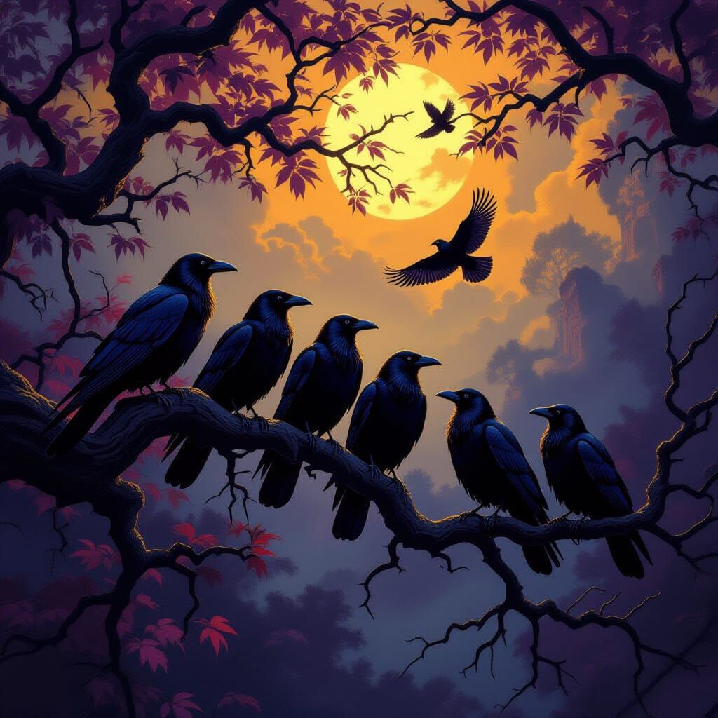 Murder of Crows on Twisted Branches in Mystical Light