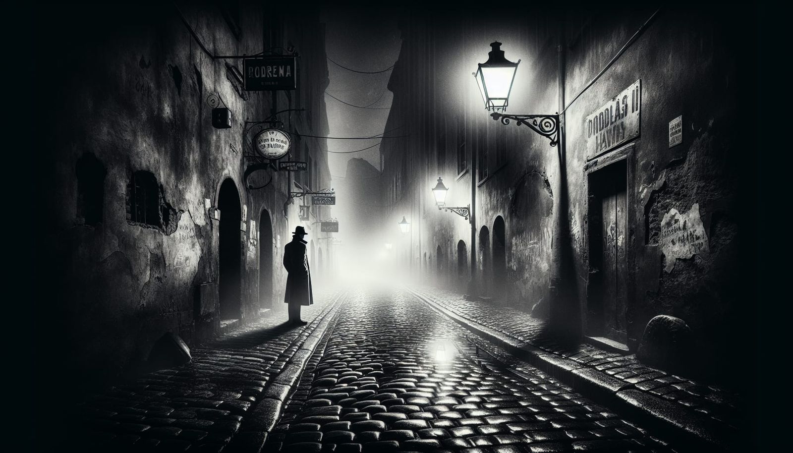 Noir Street Scene with Figure in Monochromatic Style