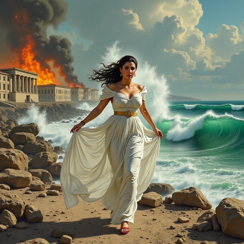 Model Fleeing Burning City in Style of Old Masters