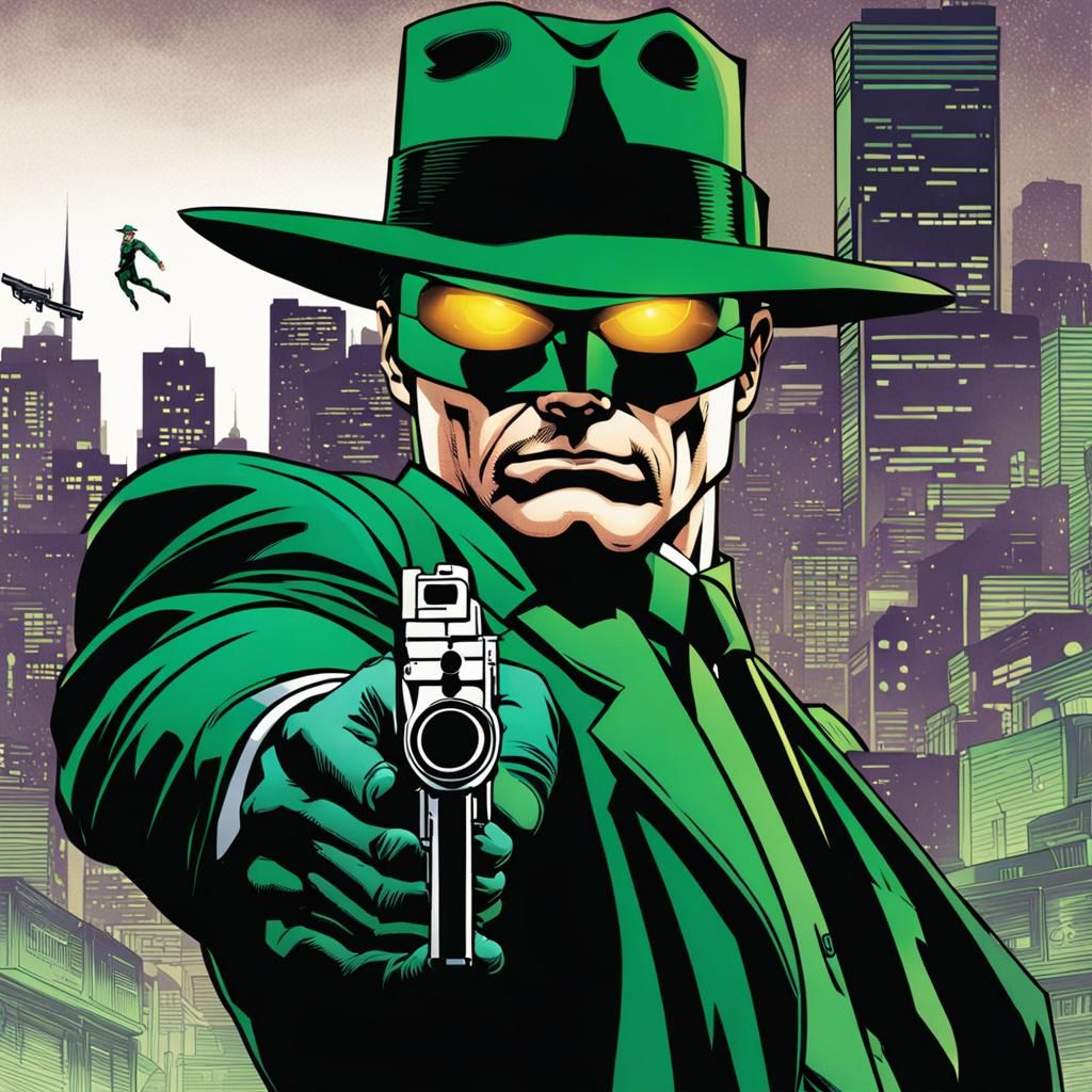 Green Hornet with Gun in Comic Book Style