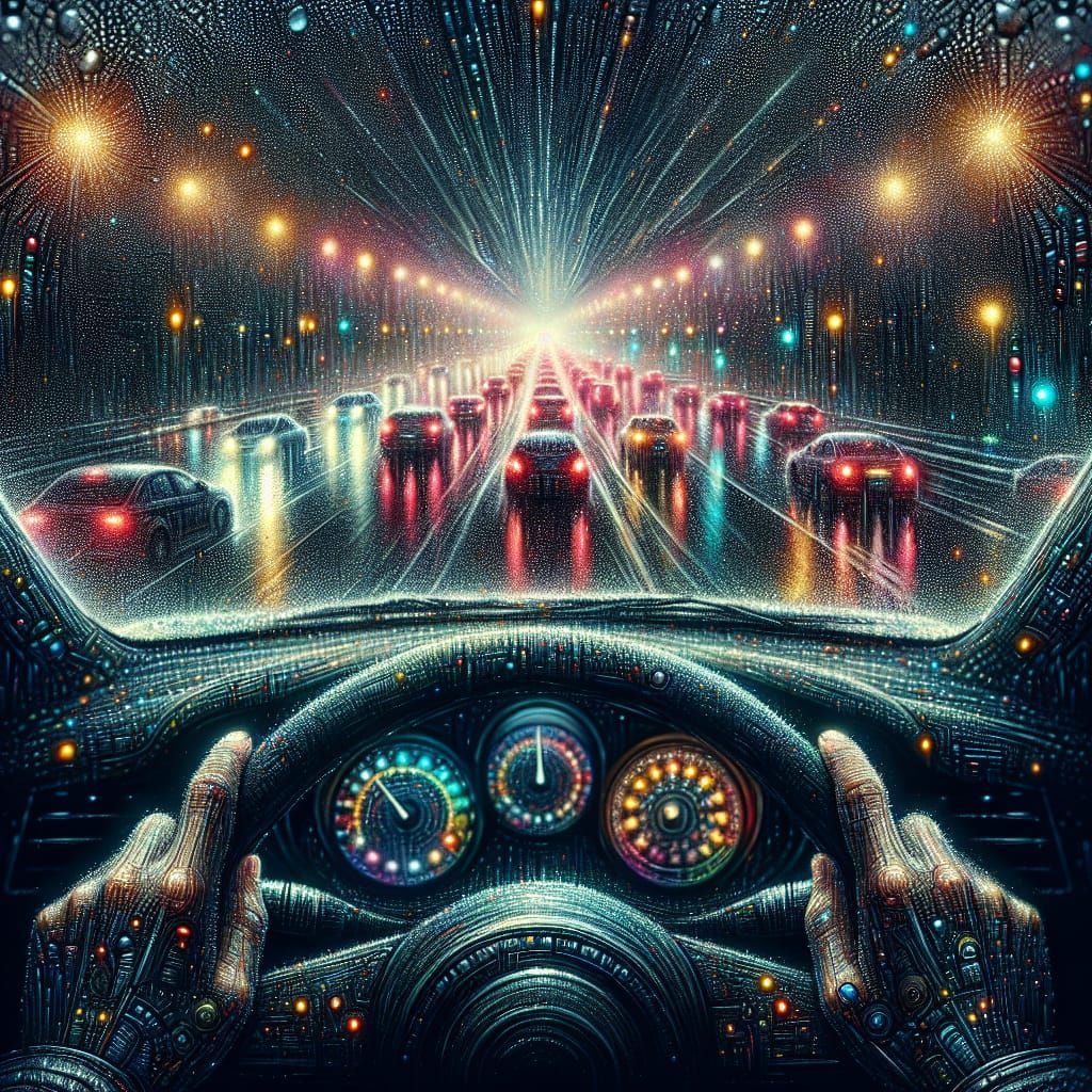 Rainy Night Car Interior: Driver's Perspective