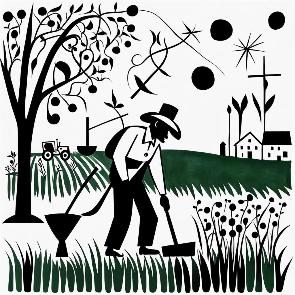 Naive Art Farmer in Sunny Meadow