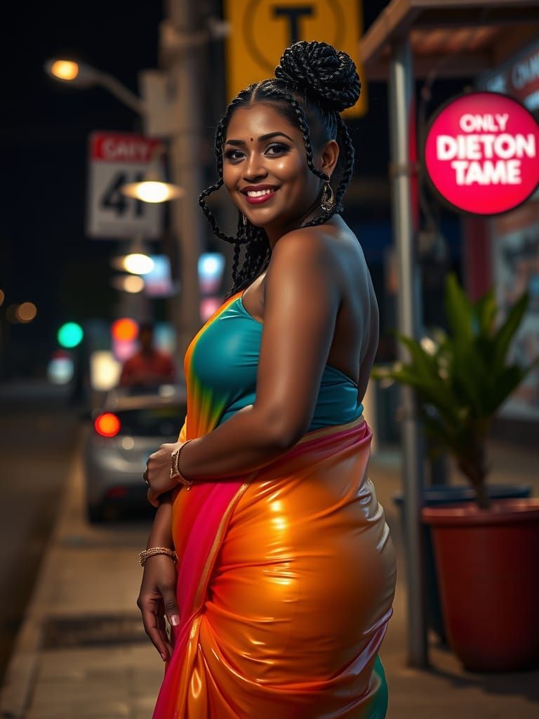 Curvy Indian Woman in Wet Latex Saree Portrait