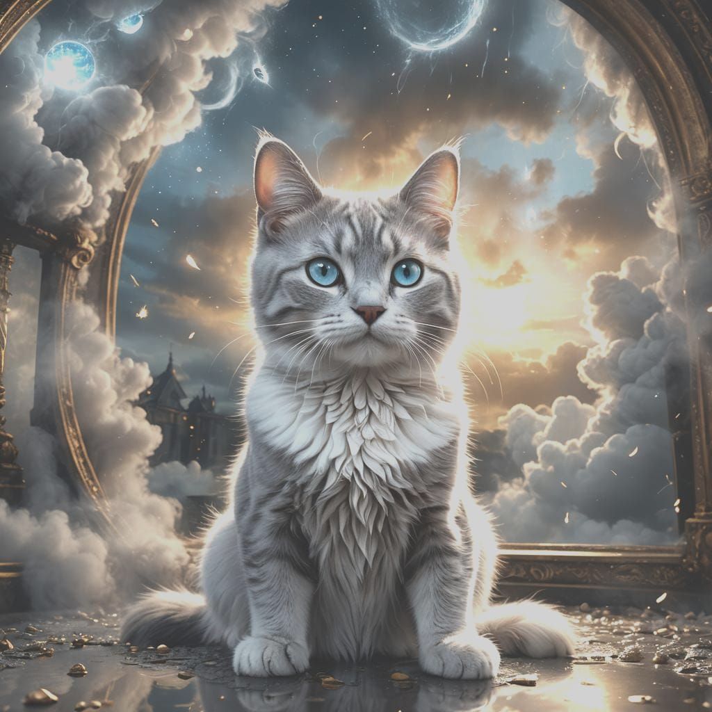 Dramatic Cat Face in Gustav Doré-Inspired Cloudscape