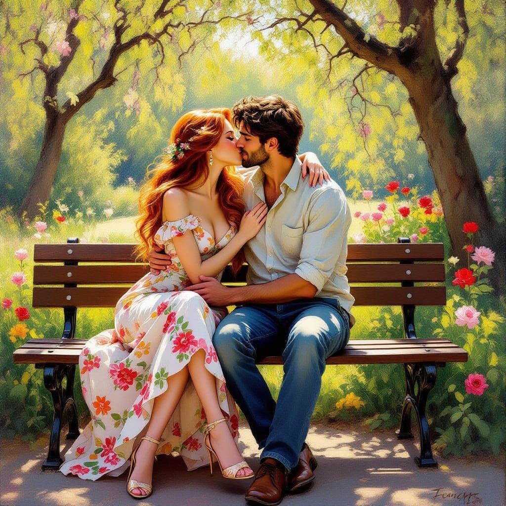 Romantic Oil Painting of Couple Kissing in Spring Park