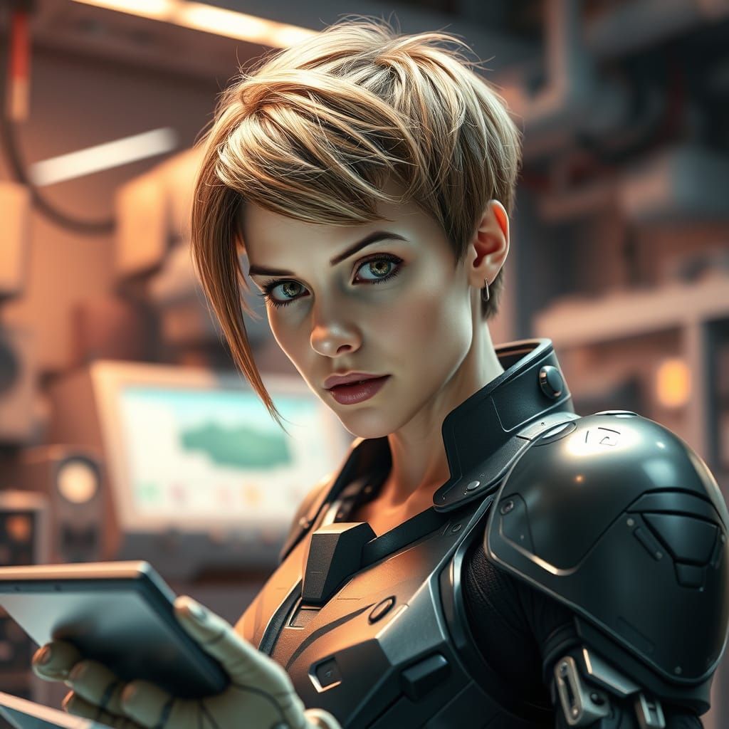 Futuristic Woman in Robotic Lab, Mecha-Inspired Digital Art