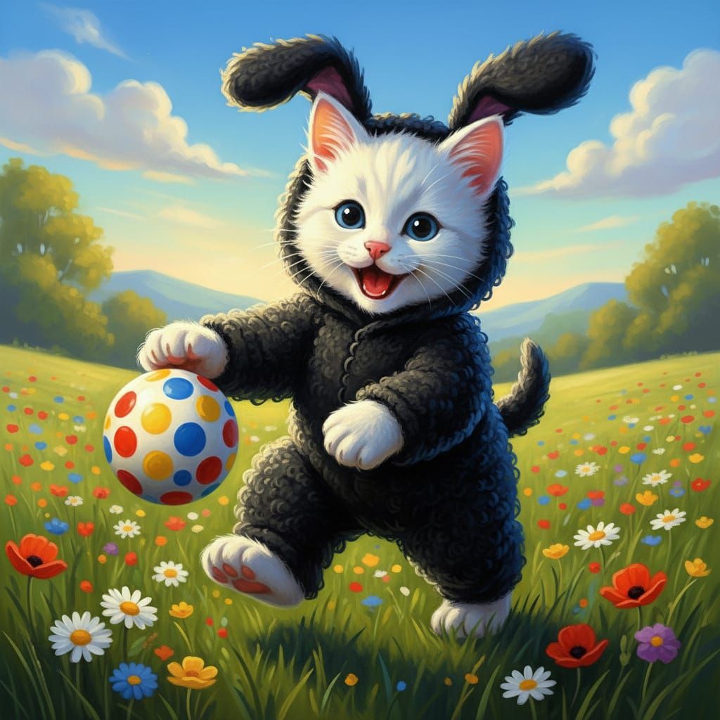 Anthropomorphic Kitten in Dog Costume Playing in Sunny Field