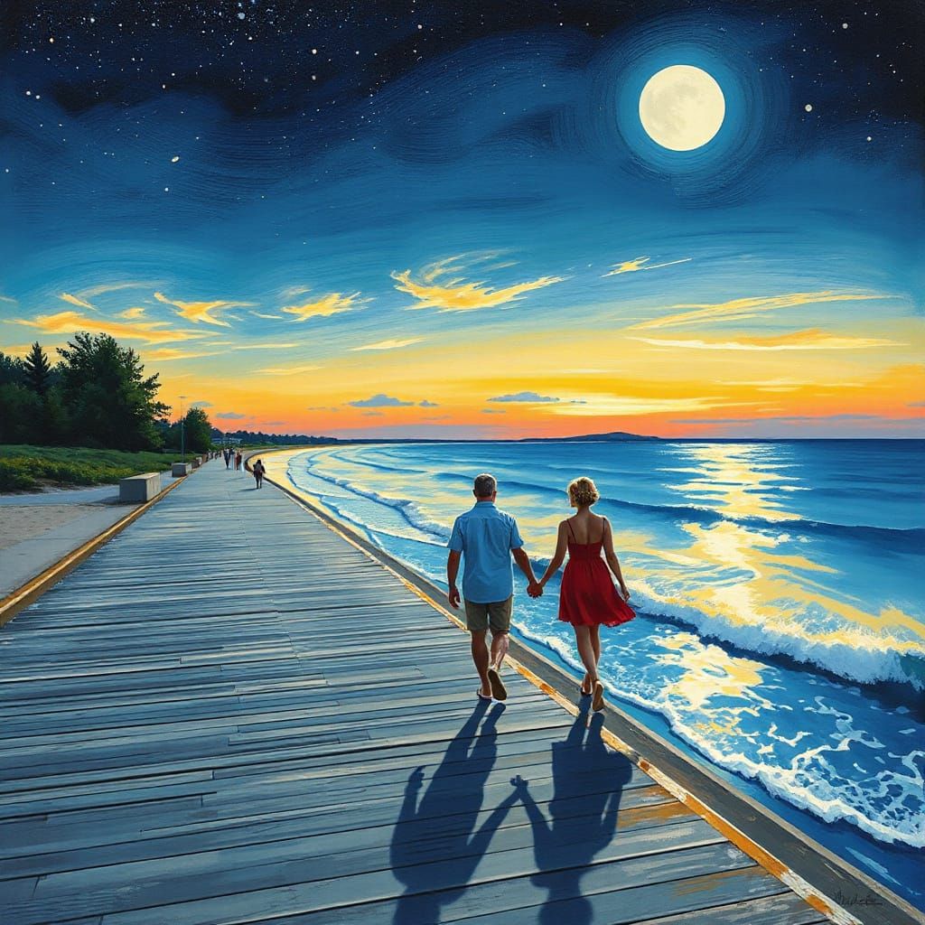 Romantic Couple on Boardwalk in Gouache Style