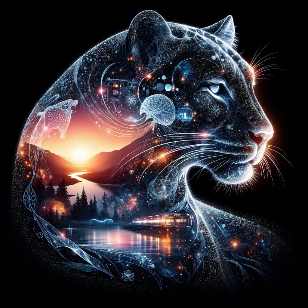 Bioluminescent Panther in Triple Exposure Design