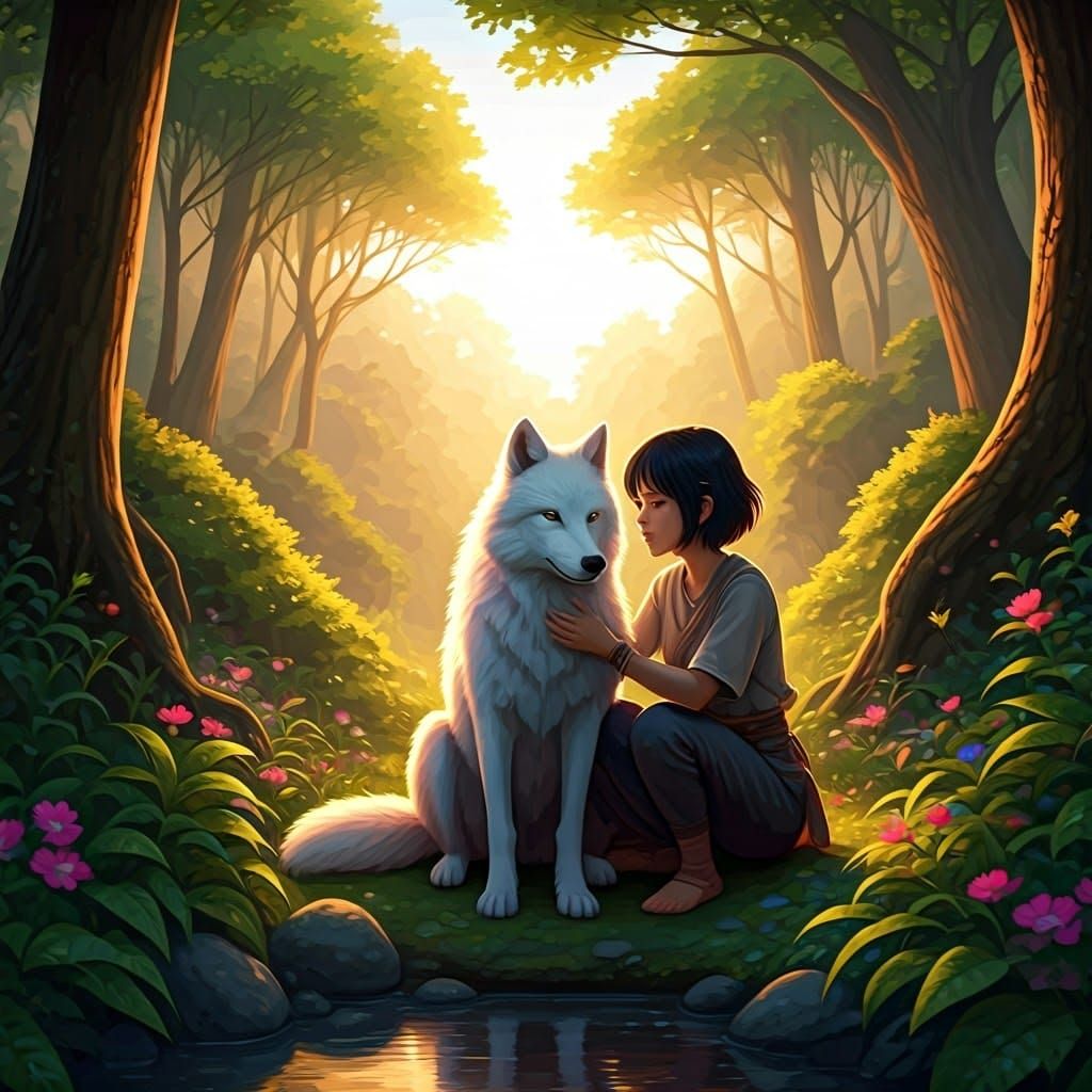 Woman and White Wolf in Forest Landscape