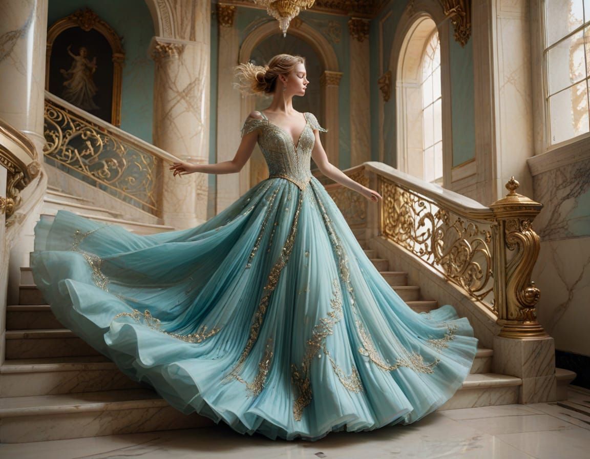 Surrealist Masterpiece: Woman Dancing on Ballroom Staircase