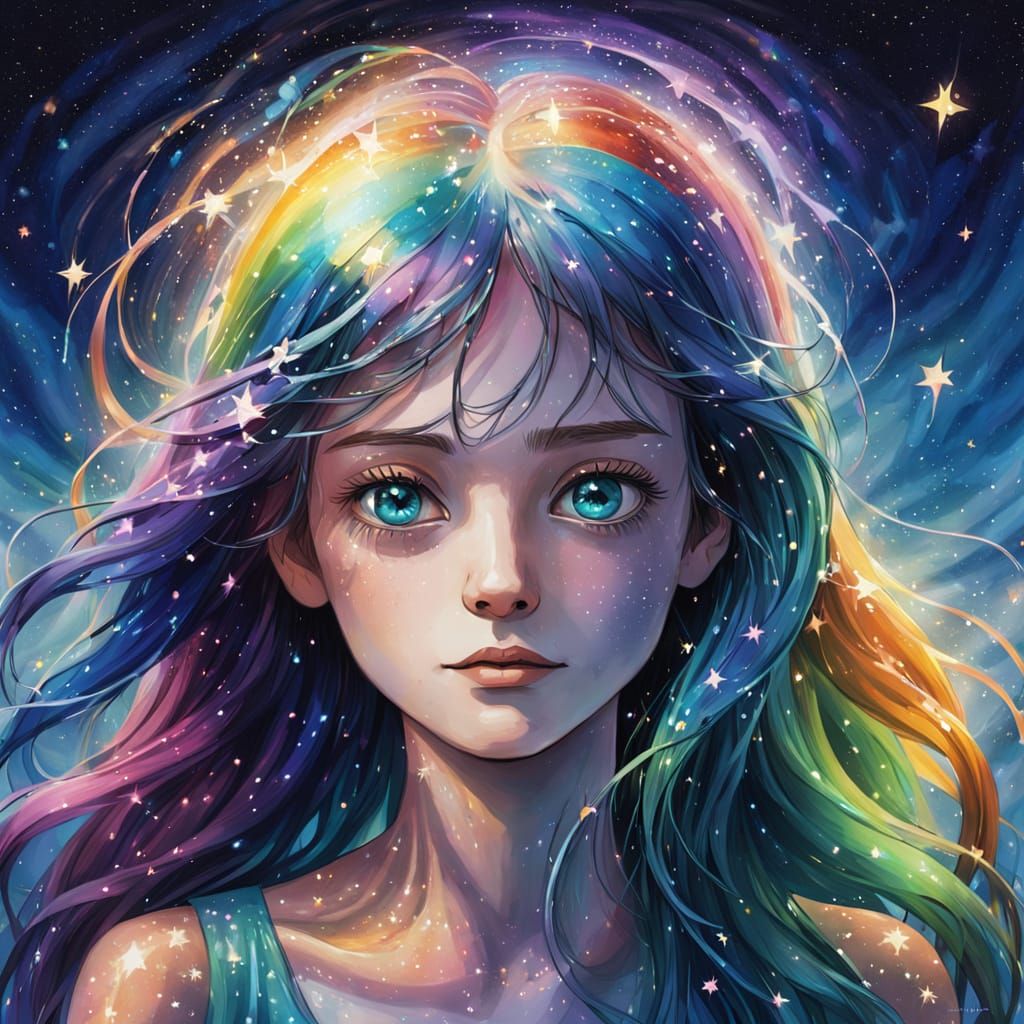 Rainbow Hair Portrait of Girl Reflecting Starry Sky