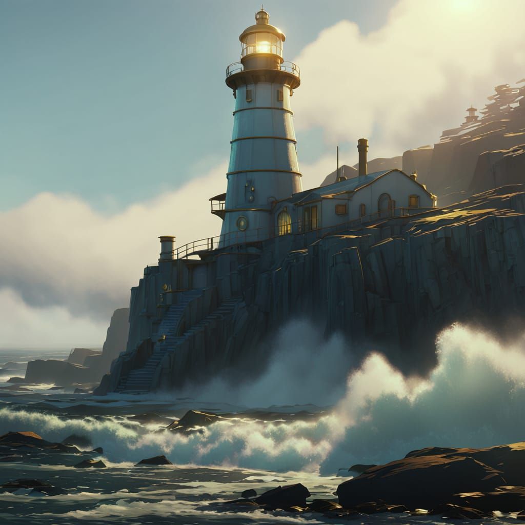 Steampunk Lighthouse with Crashing Waves in Golden Light