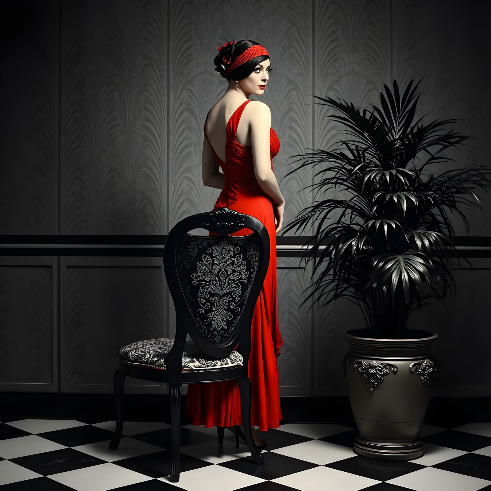 1920s Lady in Red Dress: Hyperrealistic Portrait