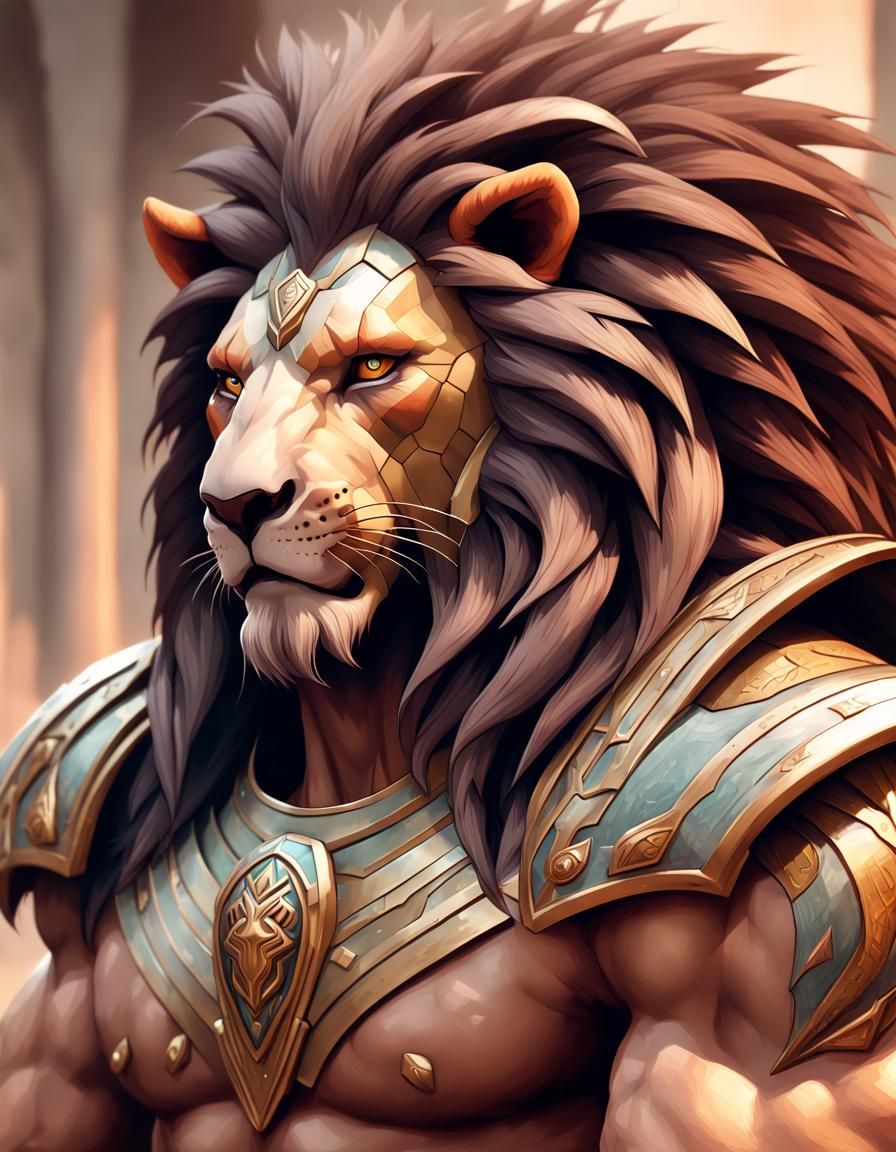 Lion Anthro Warrior Portrait in Hyperdetailed Style