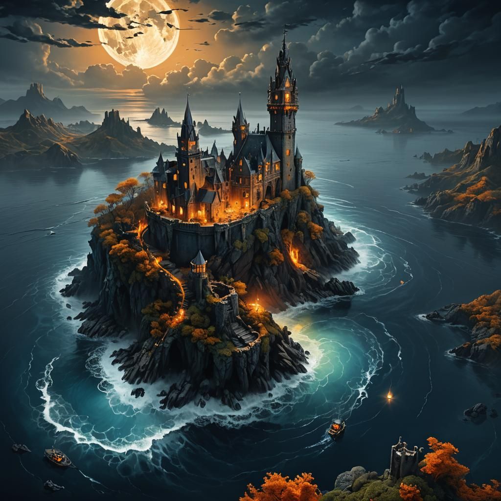 Dark Fantasy Island Castle Under Moonlight
