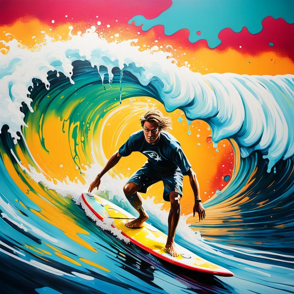 Boy Surfing a Wave in Graffiti Art Style