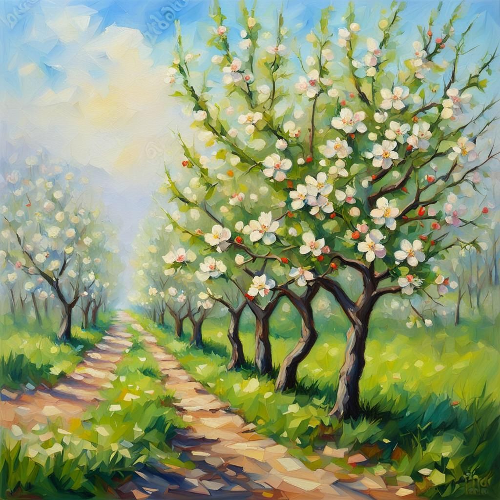 Apple Trees Blooming in Spring Oil Painting
