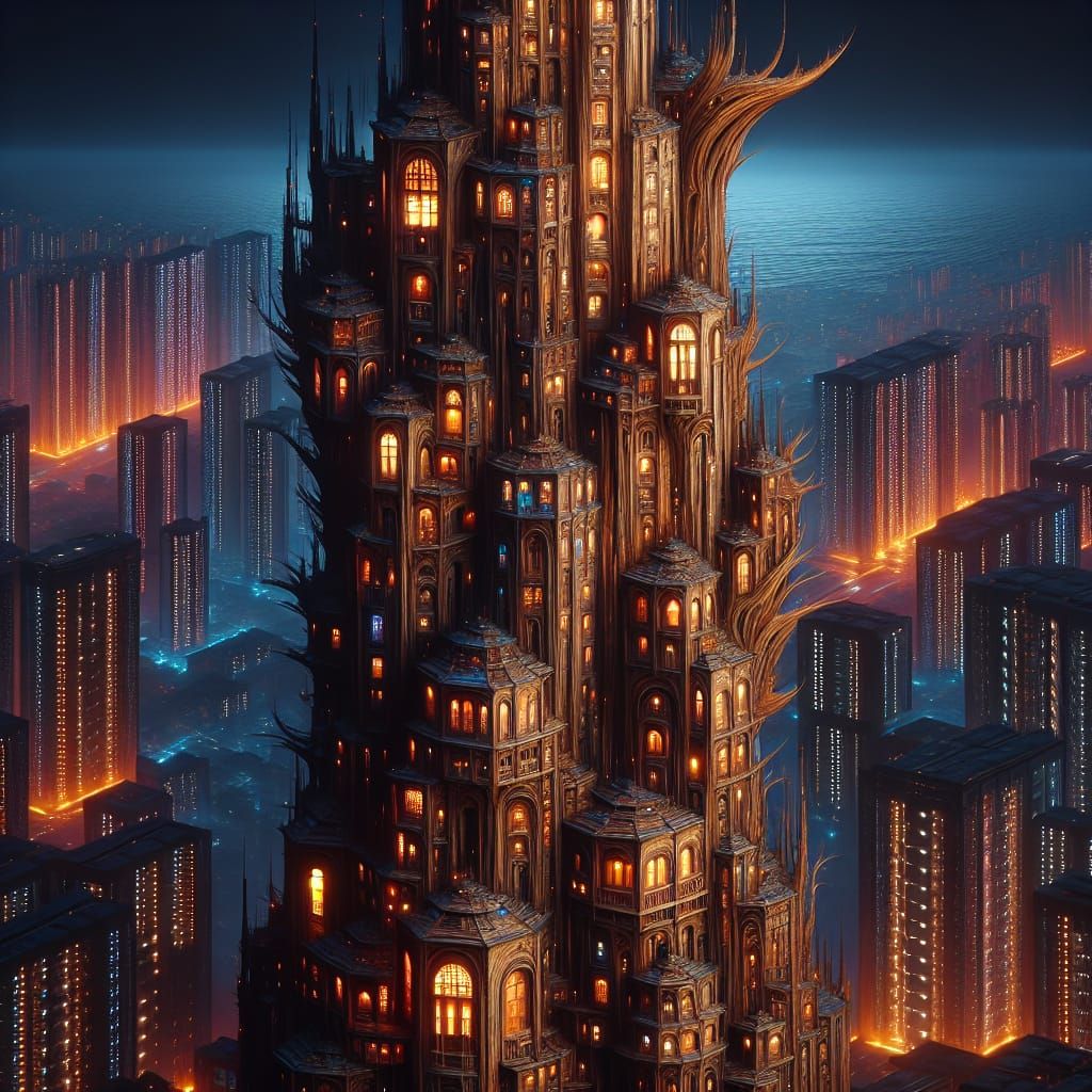 Crooked Wooden Tower in Neon Cityscape