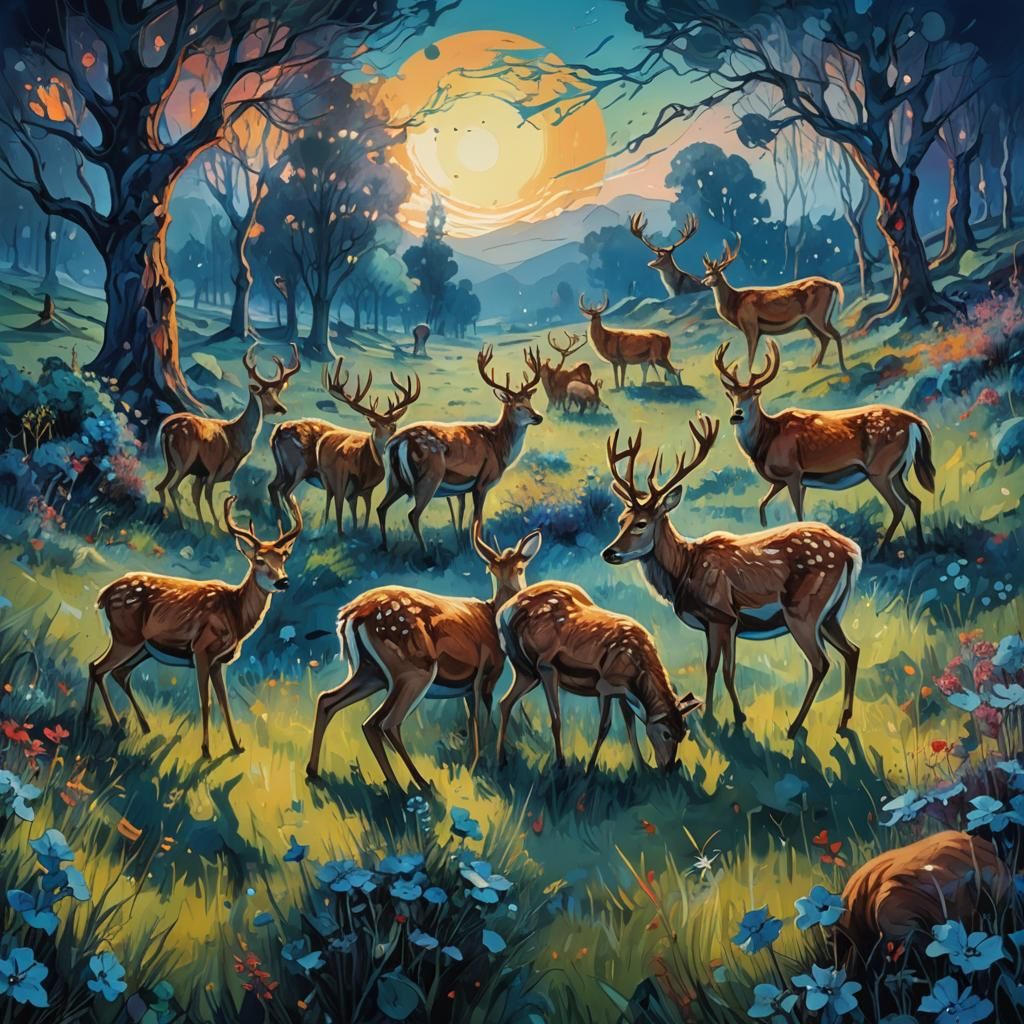 Deer Grazing in Fauvist Meadow, Digital Matte Painting