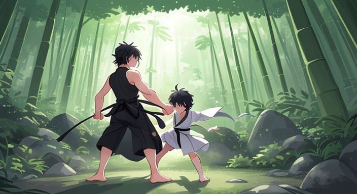 Father and Son Practice Karate in Serene Bamboo Forest