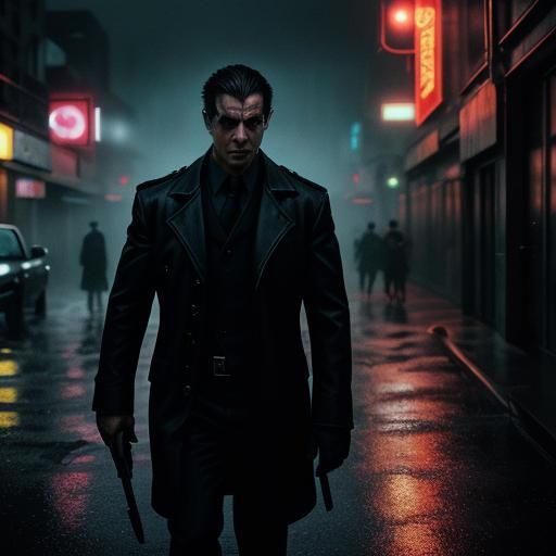 Noir Detective in Rain-Soaked City: Cinematic Still