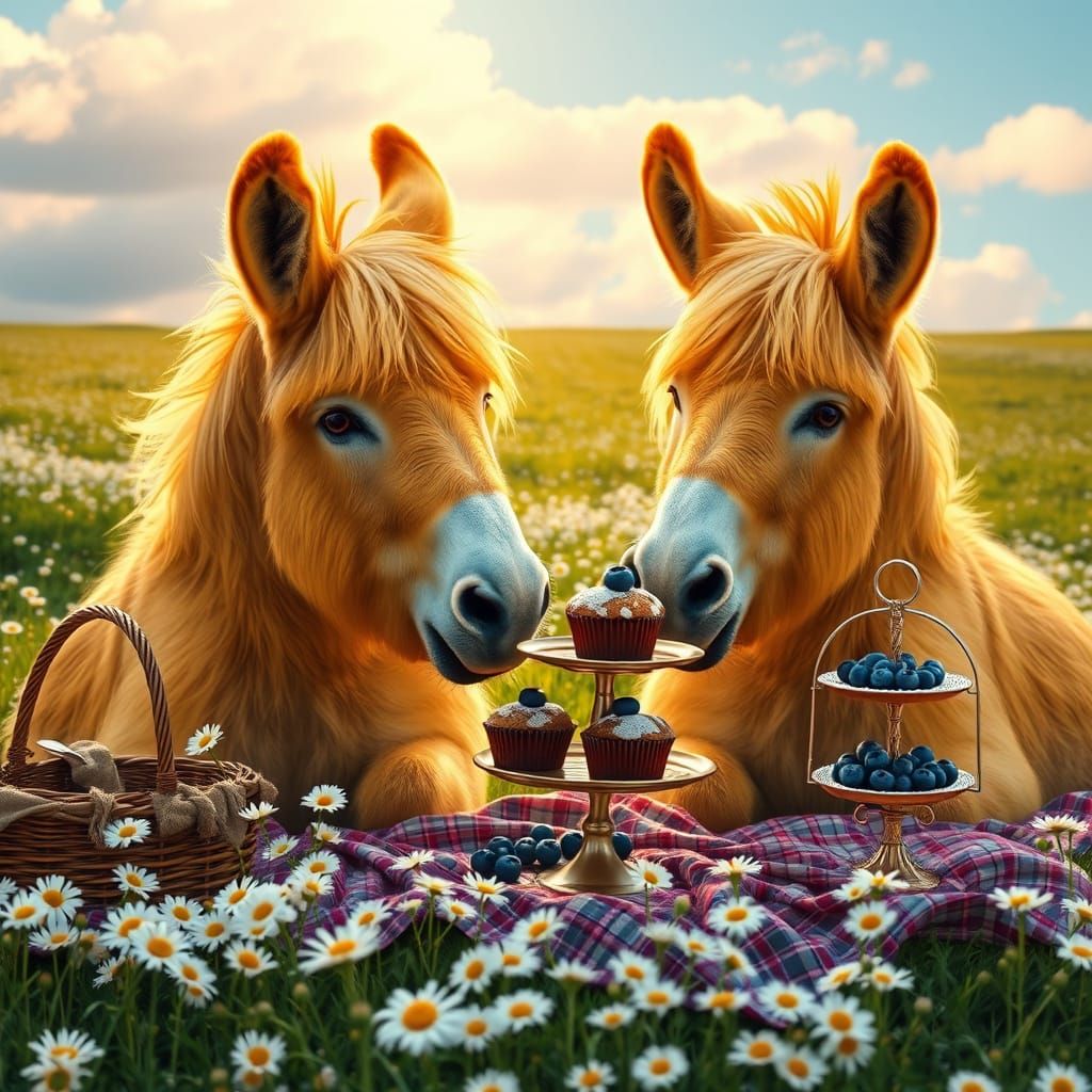 Whimsical Donkeys Savor Blueberry Muffins in a Vibrant Meado...