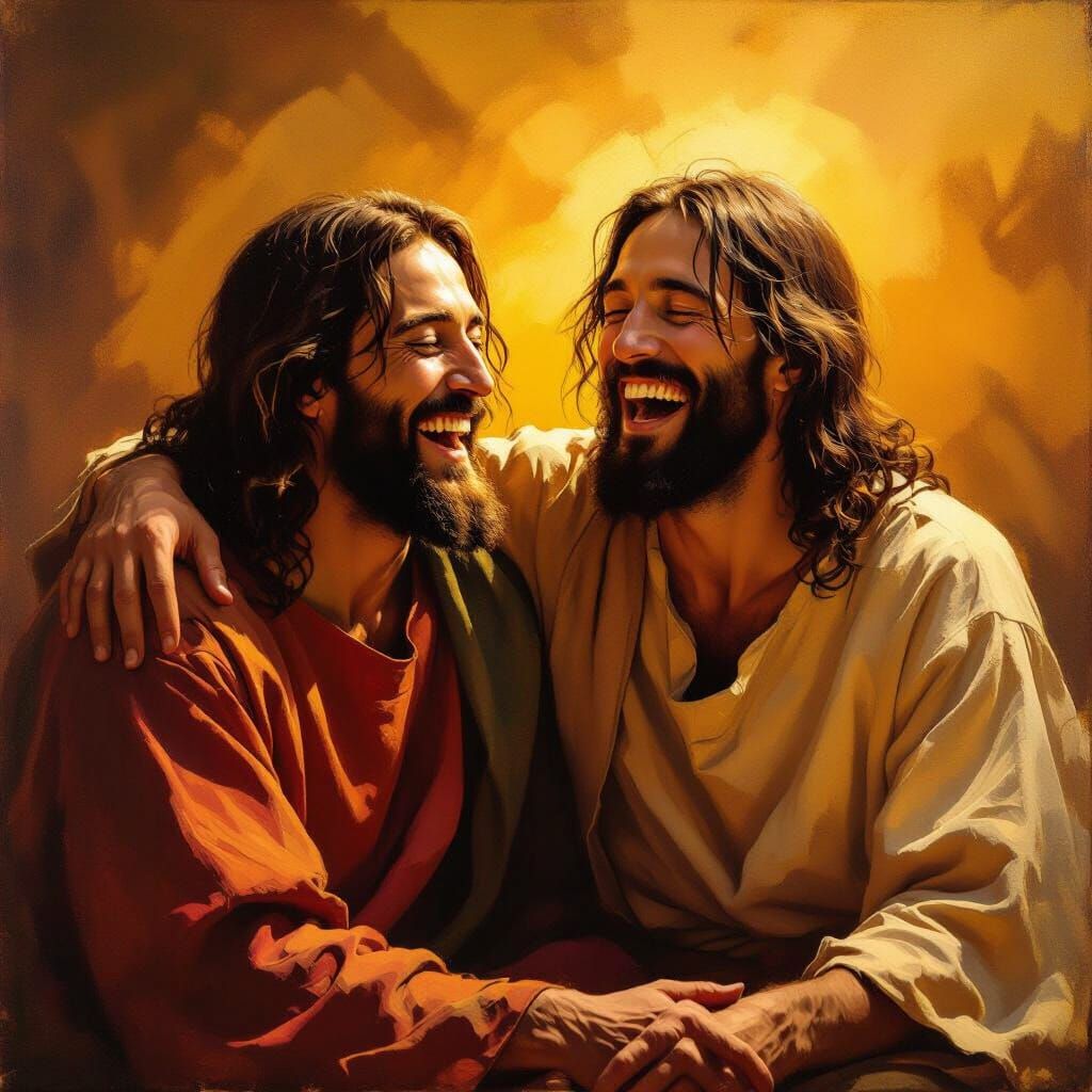 Jesus and Lazarus Joyfully Laughing in Golden Light