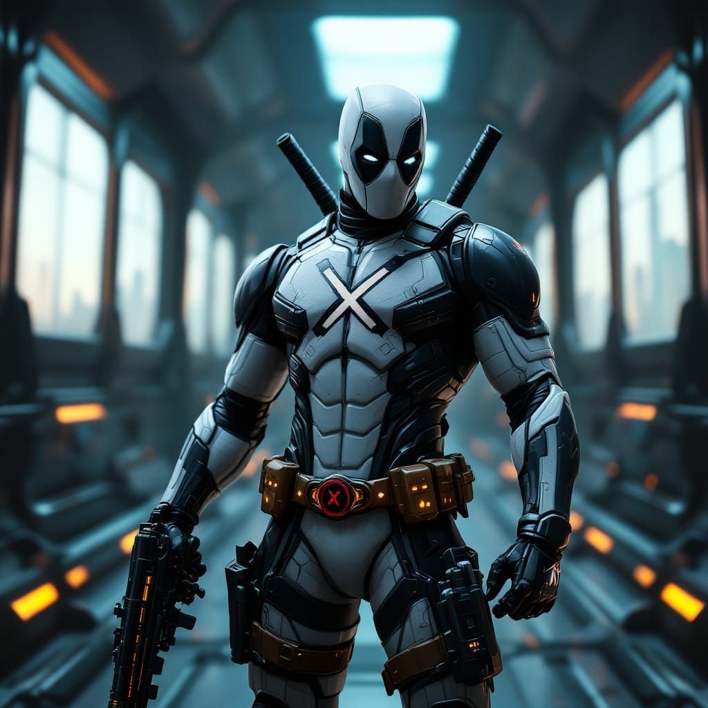 Deadpool in Detailed Exosuit Amidst Cyberpunk Cityscape