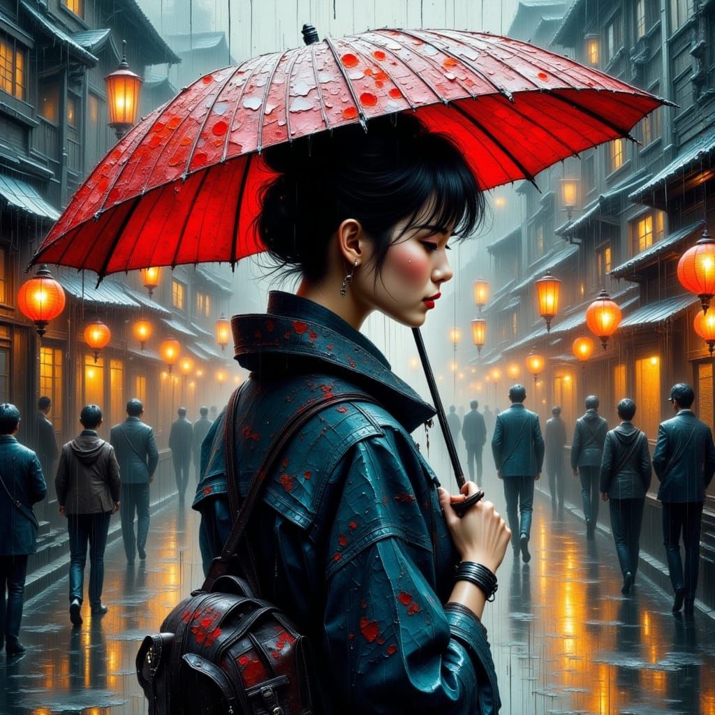 Rainy Japanese Woman in Moody Impasto Style