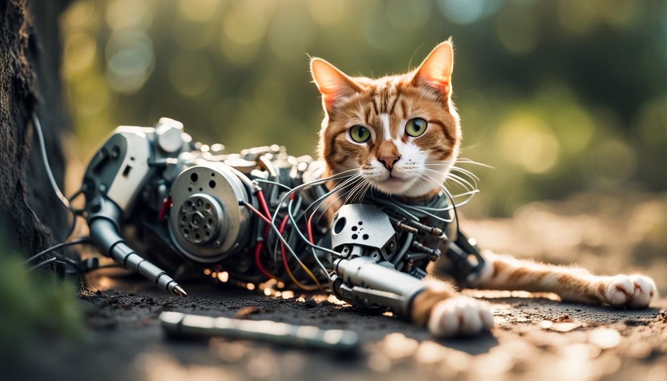 Damaged Cyborg Cat in Post-War Nature