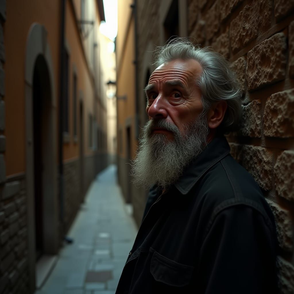 Melancholy Elderly Man in Italian Alleyway