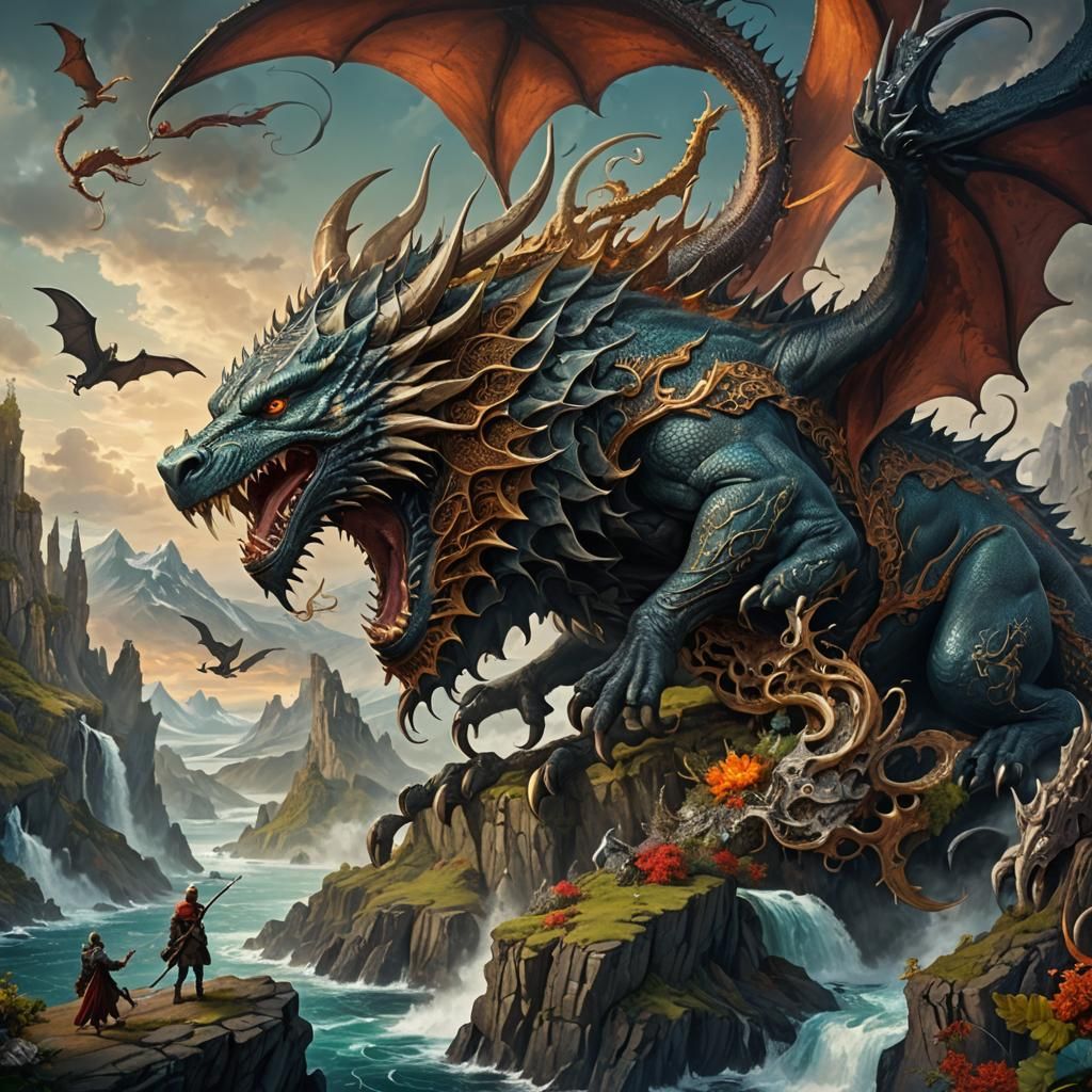 Detailed Dragon-Wolf Phoenix Hybrid on Alien Landscape