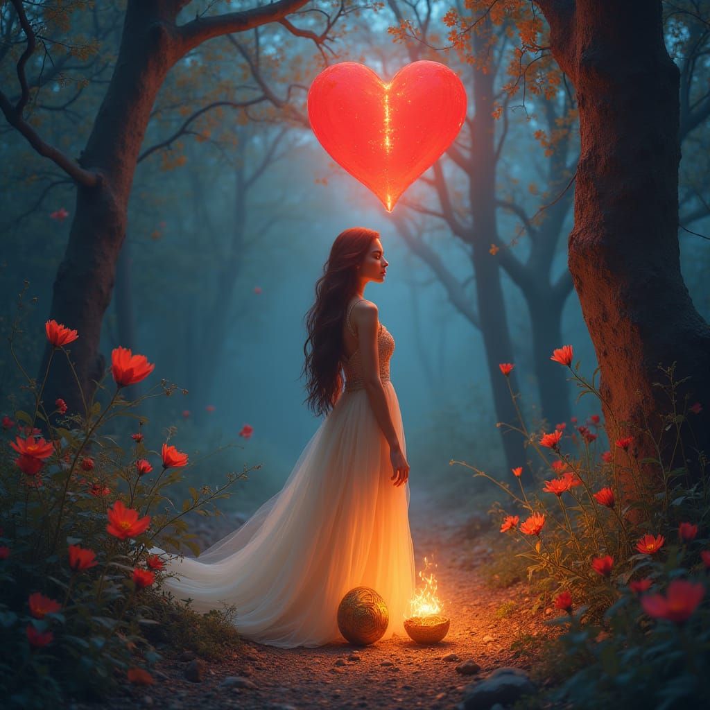 Ethereal Woman in Forest with Glowing Heart