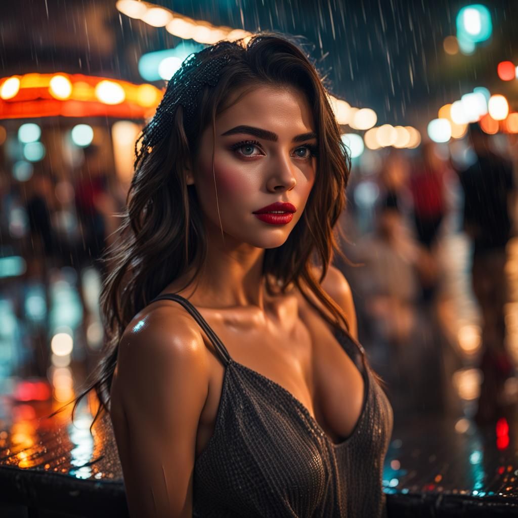 Beautiful Dancer in Rainy Mexico Nightscape