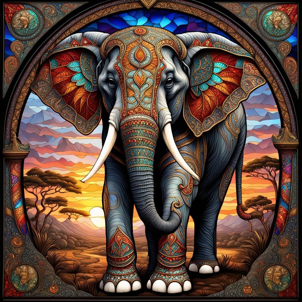 Ornate Stained Glass Indian Elephant: Maximalist Detail