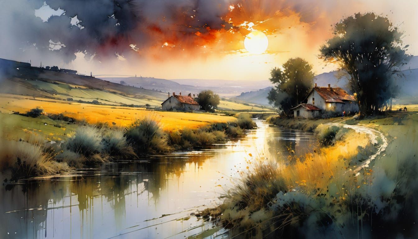 French Countryside Sunset in Watercolor