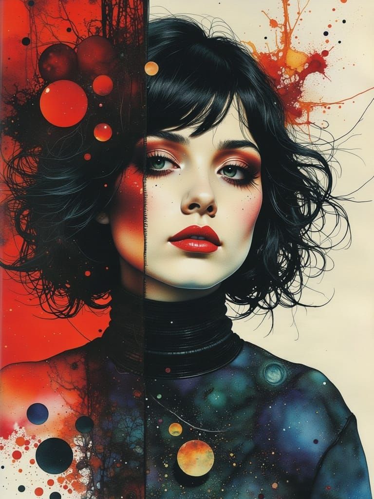 Gothic Woman Portrait in Watercolor Alcohol Ink Style