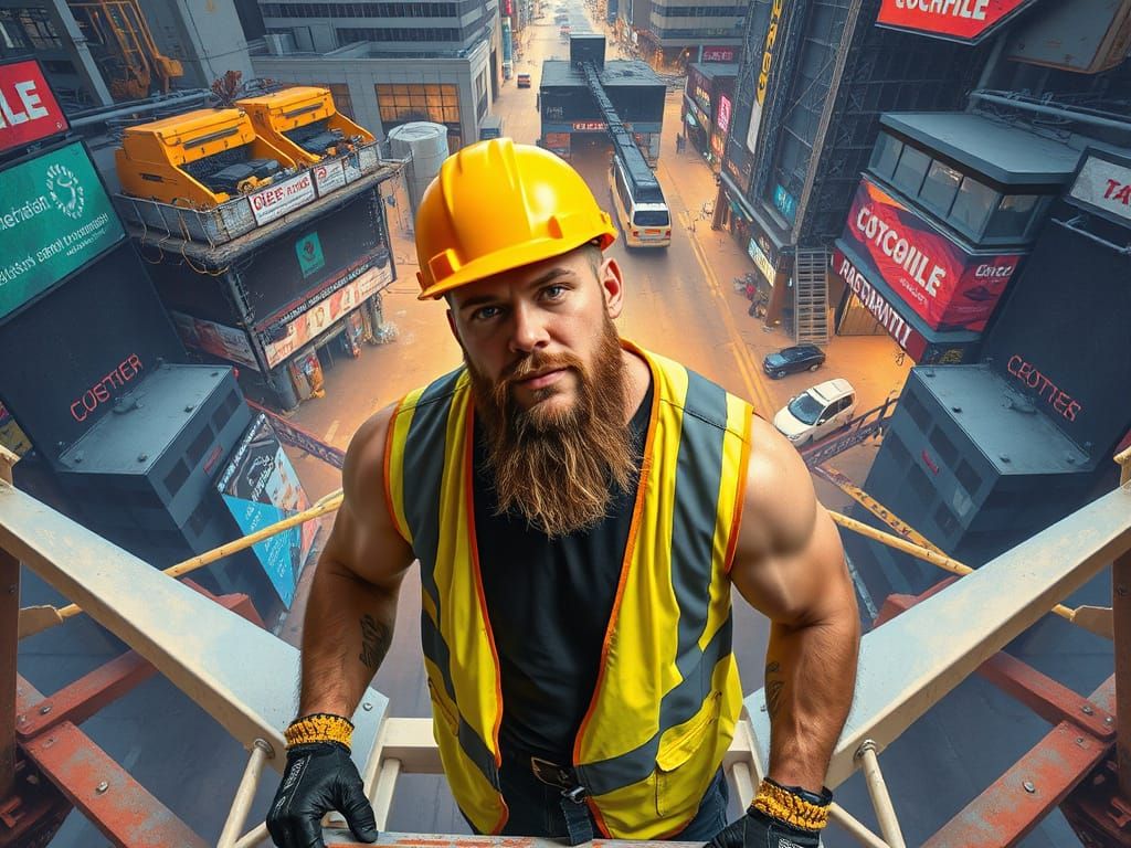 Confident Construction Worker Above Cityscape