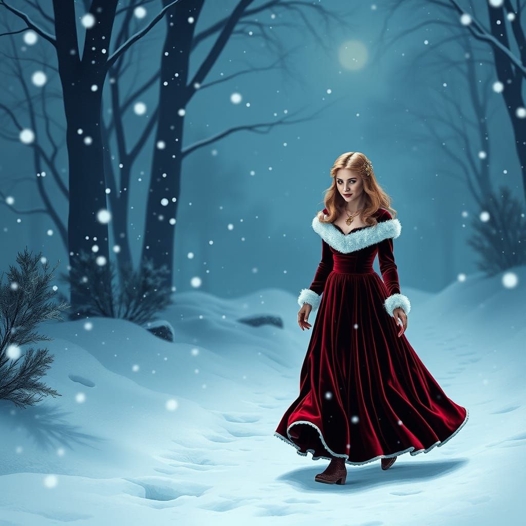 Sabrina Spellman in Velvet Christmas Dress Walking Through S...