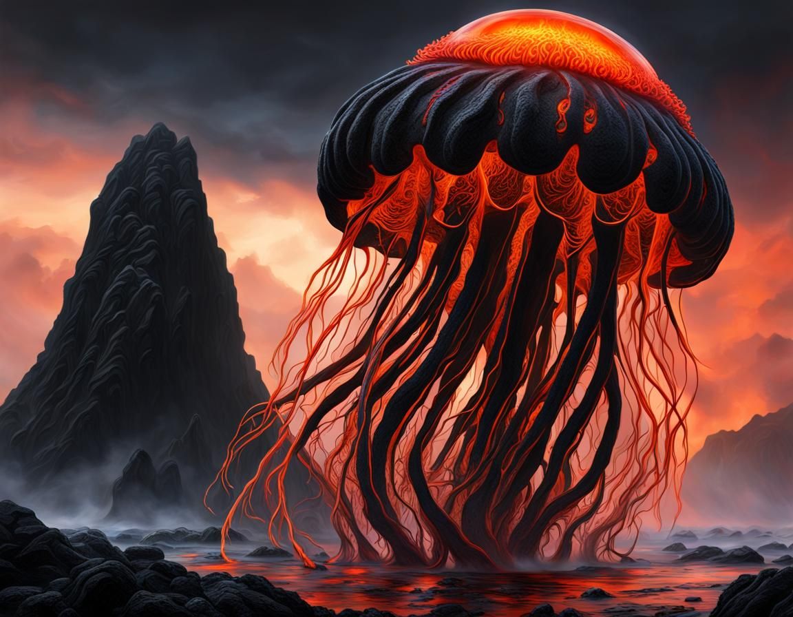 Alien Lava Jellyfish with Flowing Tentacles