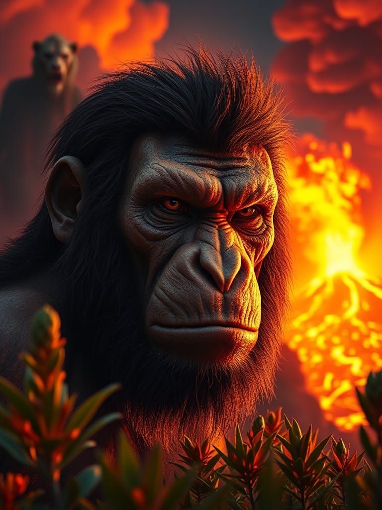 Neanderthal Portrait with Volcano in Cinematic Style