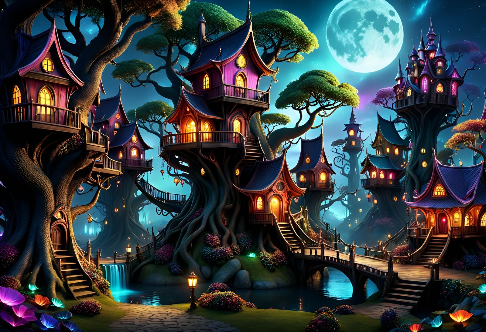 Goblincore Tree Village in Dark Fantasy Style