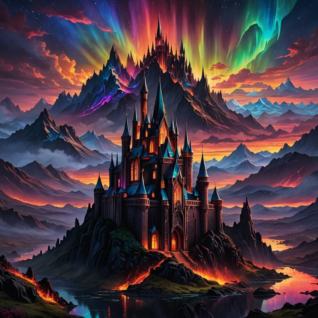 Iridescent Gothic Castle with Lava Moat and Aurora