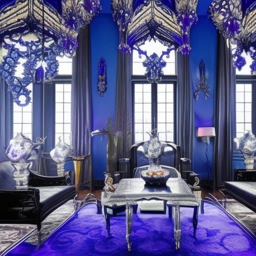 Cobalt blue Dragon fractals penthouse with cobalt blue walls& Silver accents& purple accents& Silver Gothic windows& pur...