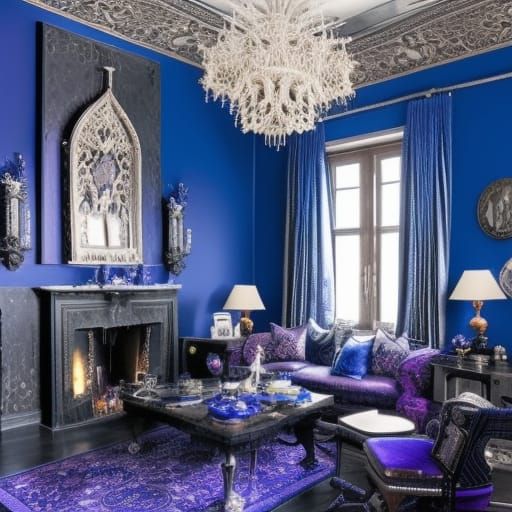 Cobalt blue Dragon fractals penthouse with cobalt blue walls& Silver accents& purple accents& Silver Gothic windows& pur...