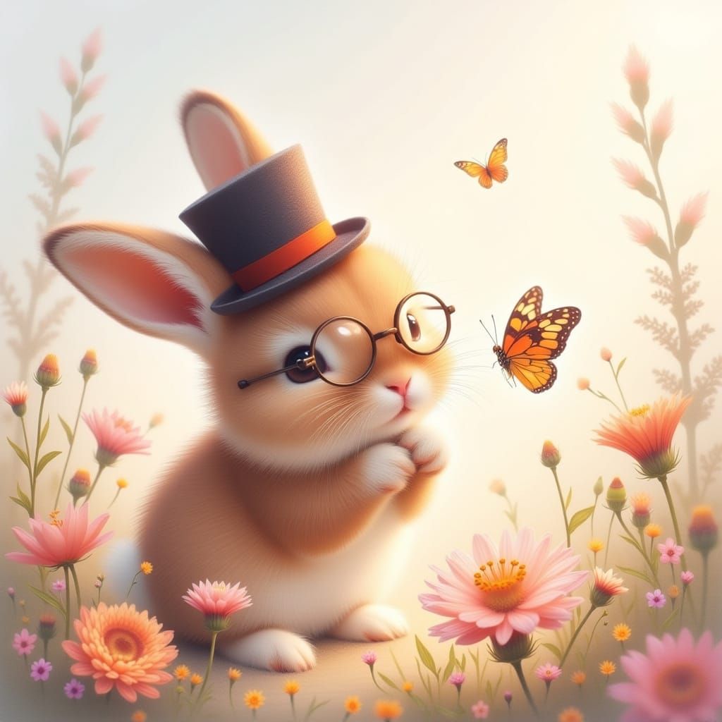 Fluffy Bunny with Top Hat Examines Butterfly in Watercolor S...
