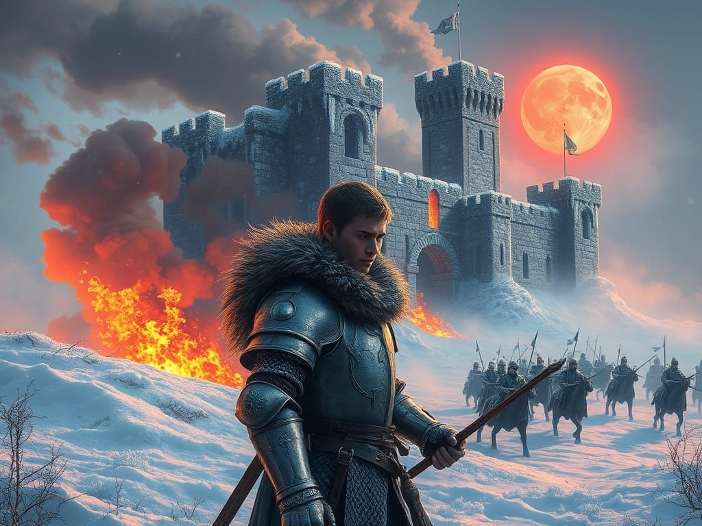 Warrior in Burning Castle Under Blood-Red Sunrise